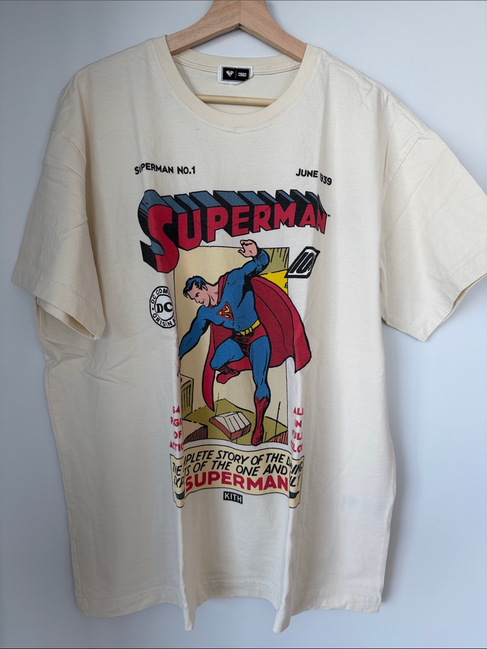 Kith Superman Graphic Tee in Cream with Red & Blue Print